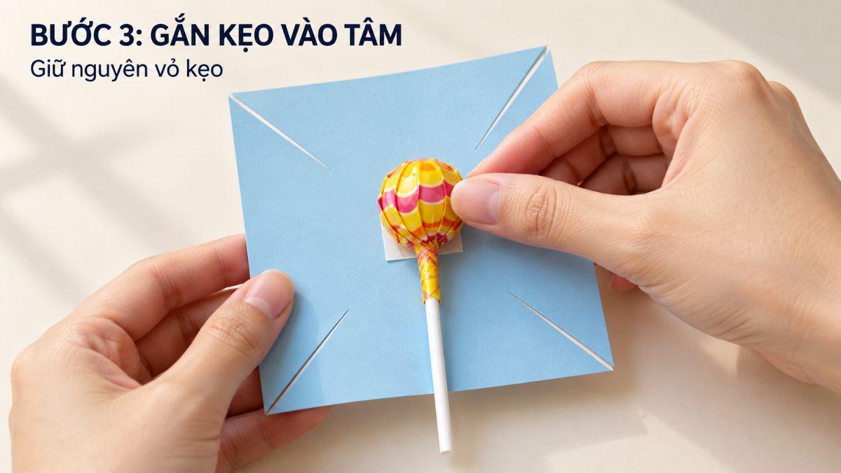Dán kẹo vào tâm giấy đã cắt