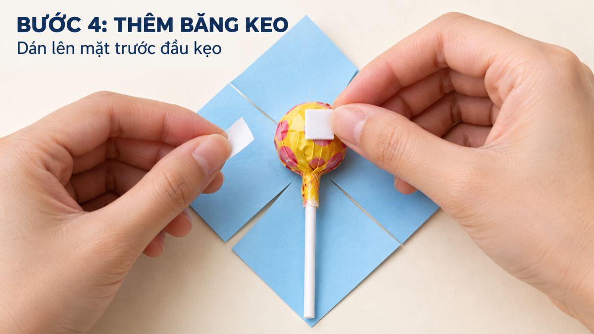 Thêm keo dánh 2 mặt để định hình đầu kẹo và các mặt cánh giấy