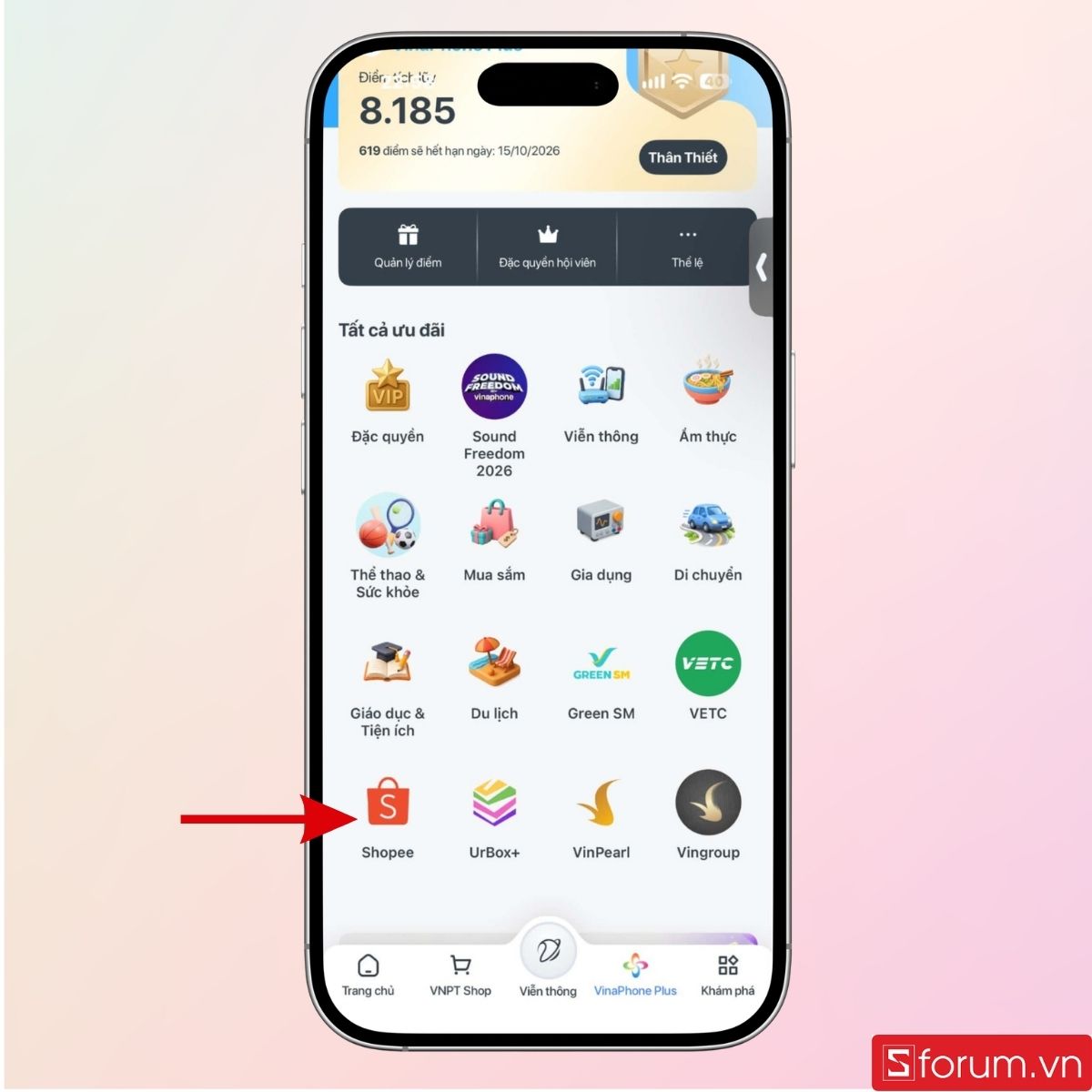 Nhấn mục Shoppe trong phần ưu đãi