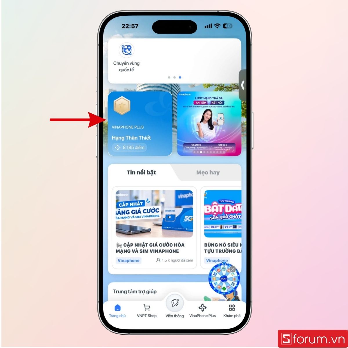 Lướt xuống dưới và chọn mục VinaPhone Plus
