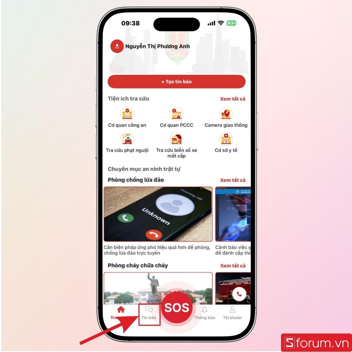Nhấn vào mục Tin báo như hình