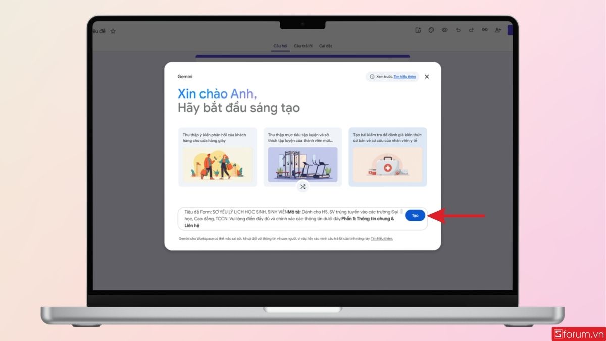 Dán toàn bộ nội dung đã được Gemini tạo vào Google Forms