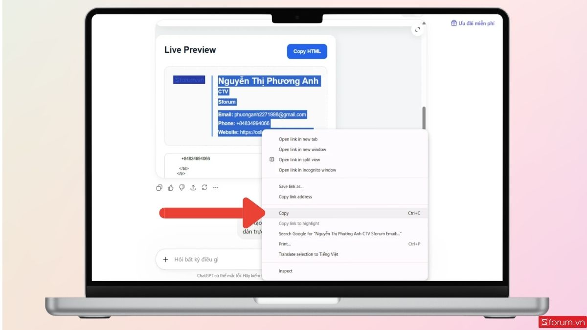 Copy mục nội dung chữ ký đã tạo trước đó