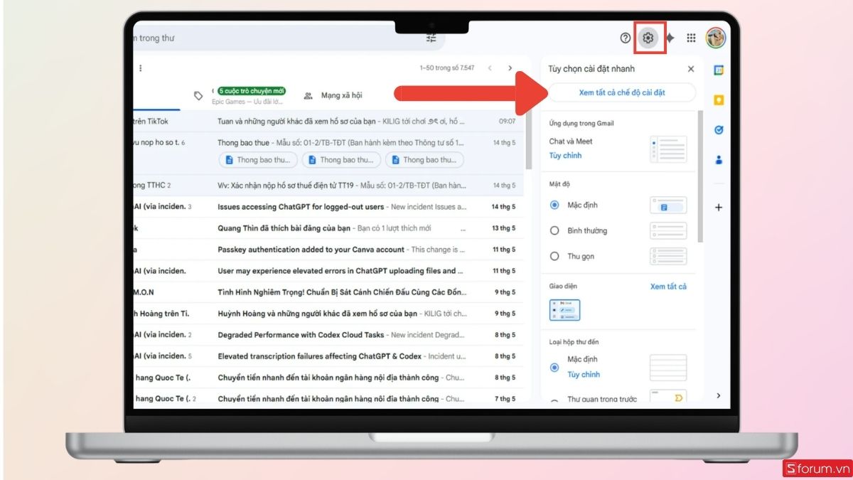 Vào mục Cài đặt trong Gmail 