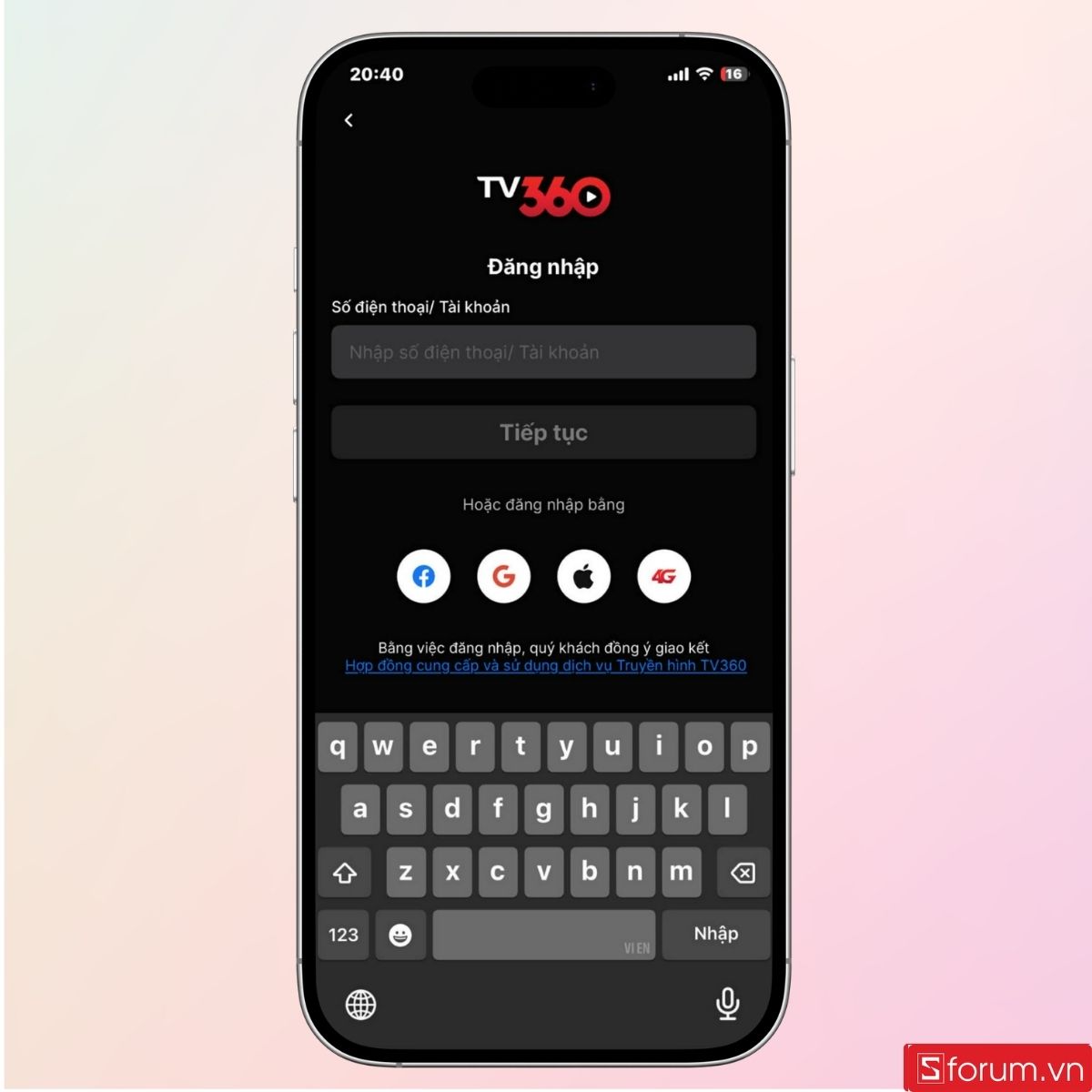Đăng nhập tài khoản vào TV360