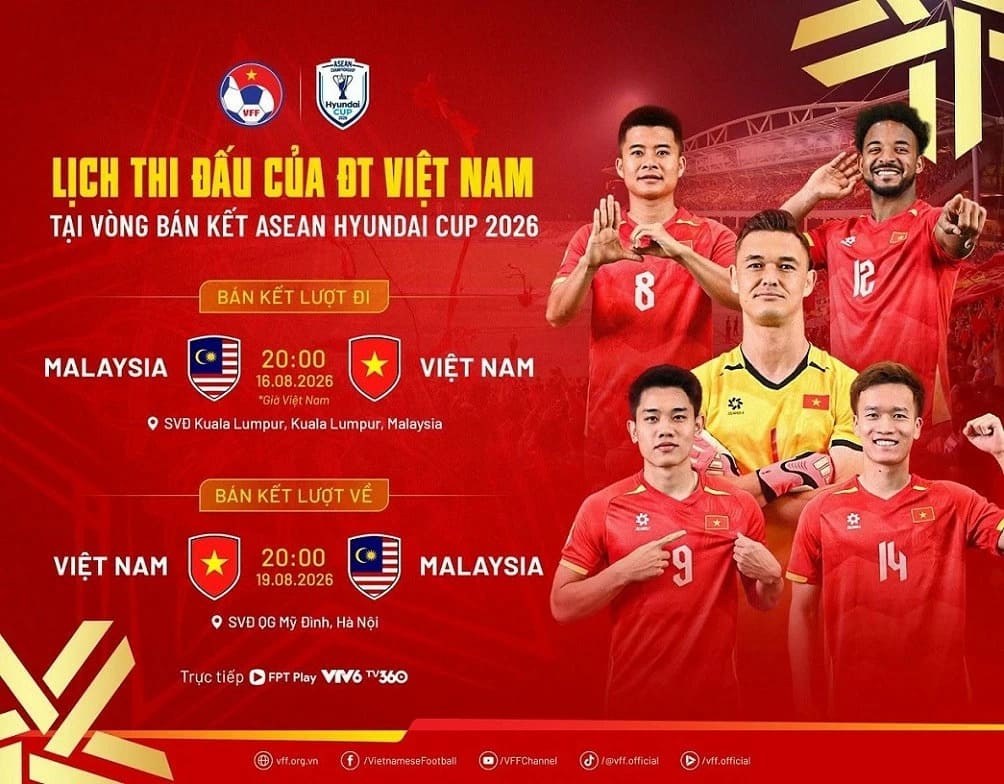 Lịch thi đấu Việt Nam vs Malaysia bán kết ASEAN Cup 2026 