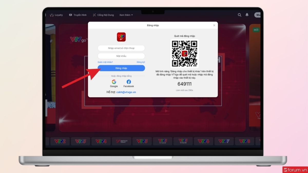 Nhập thông tin đăng nhập tài khoản vào VTV Go
