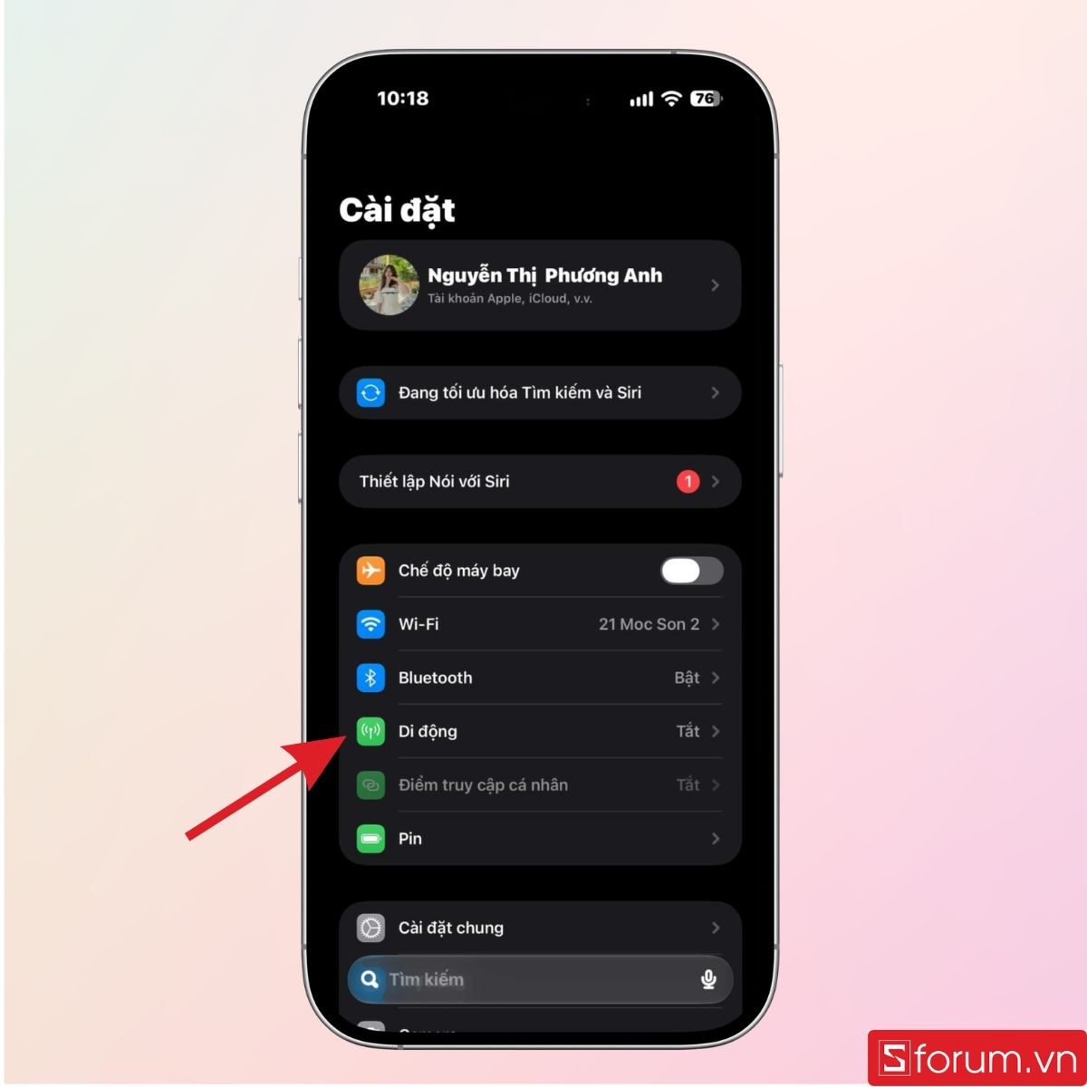 Vào mục Cài đặt và chọn Di động