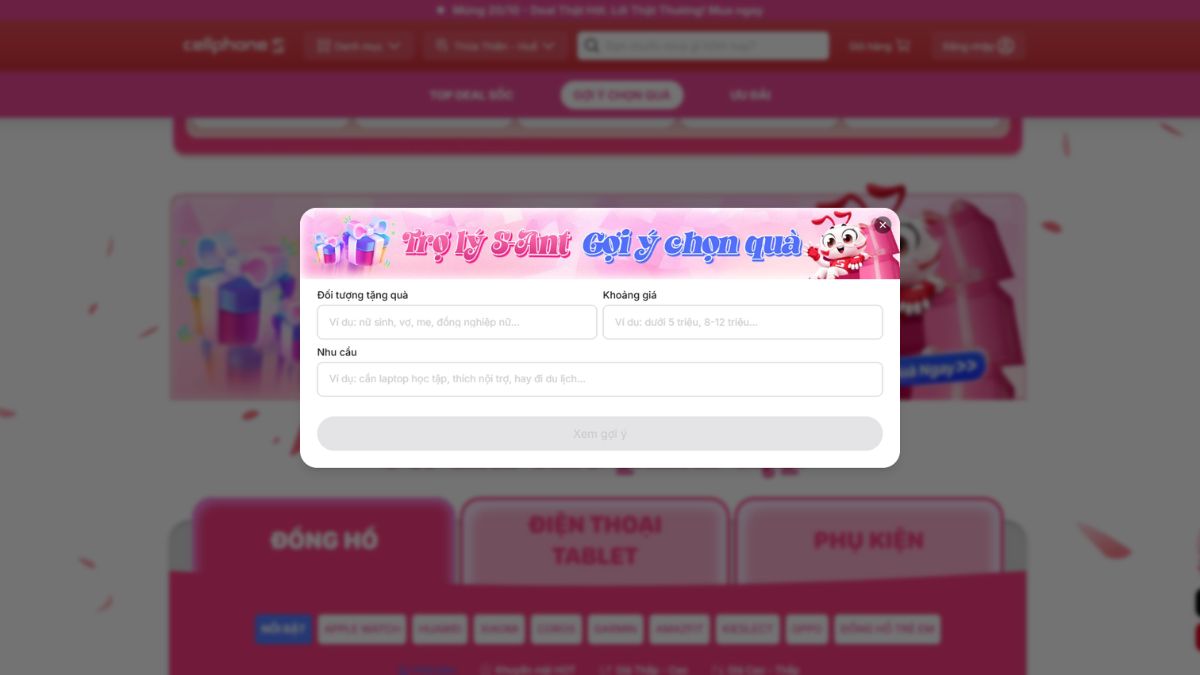Sử dụng tính năng gợi ý chọn quà 