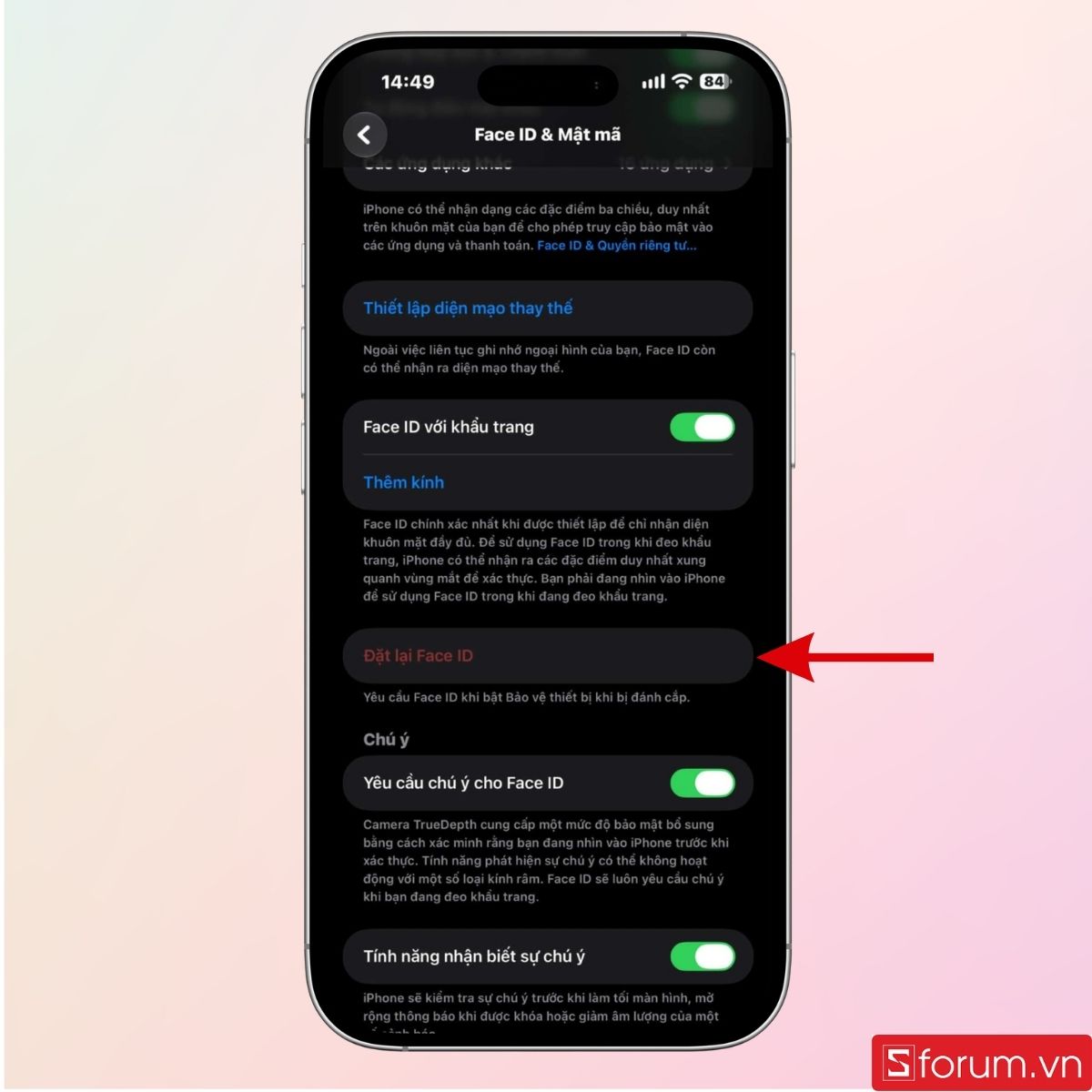 Bấm vào tùy chọn Đặt lại Face ID