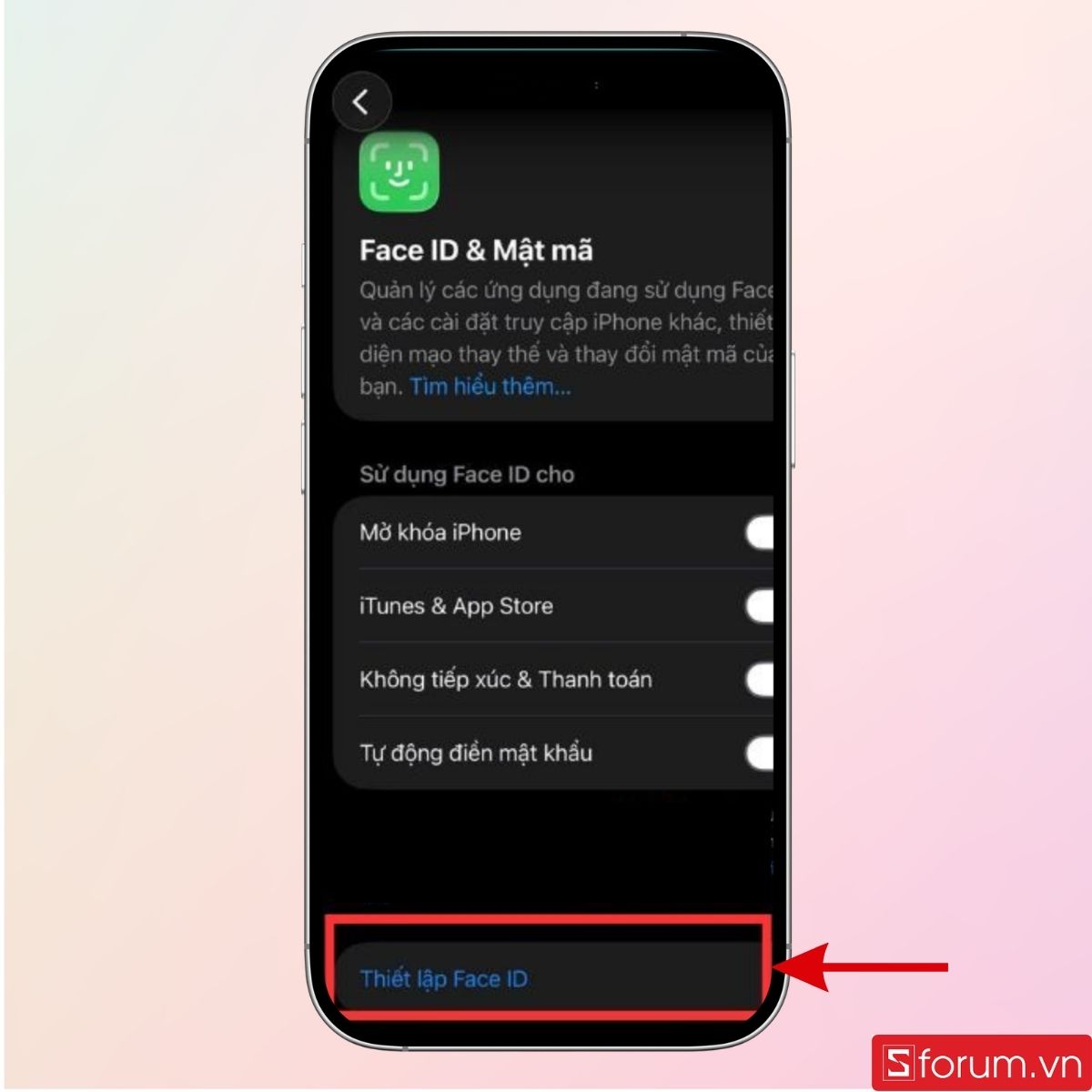 Nhấn ngay vào mục Thiết lập Face ID