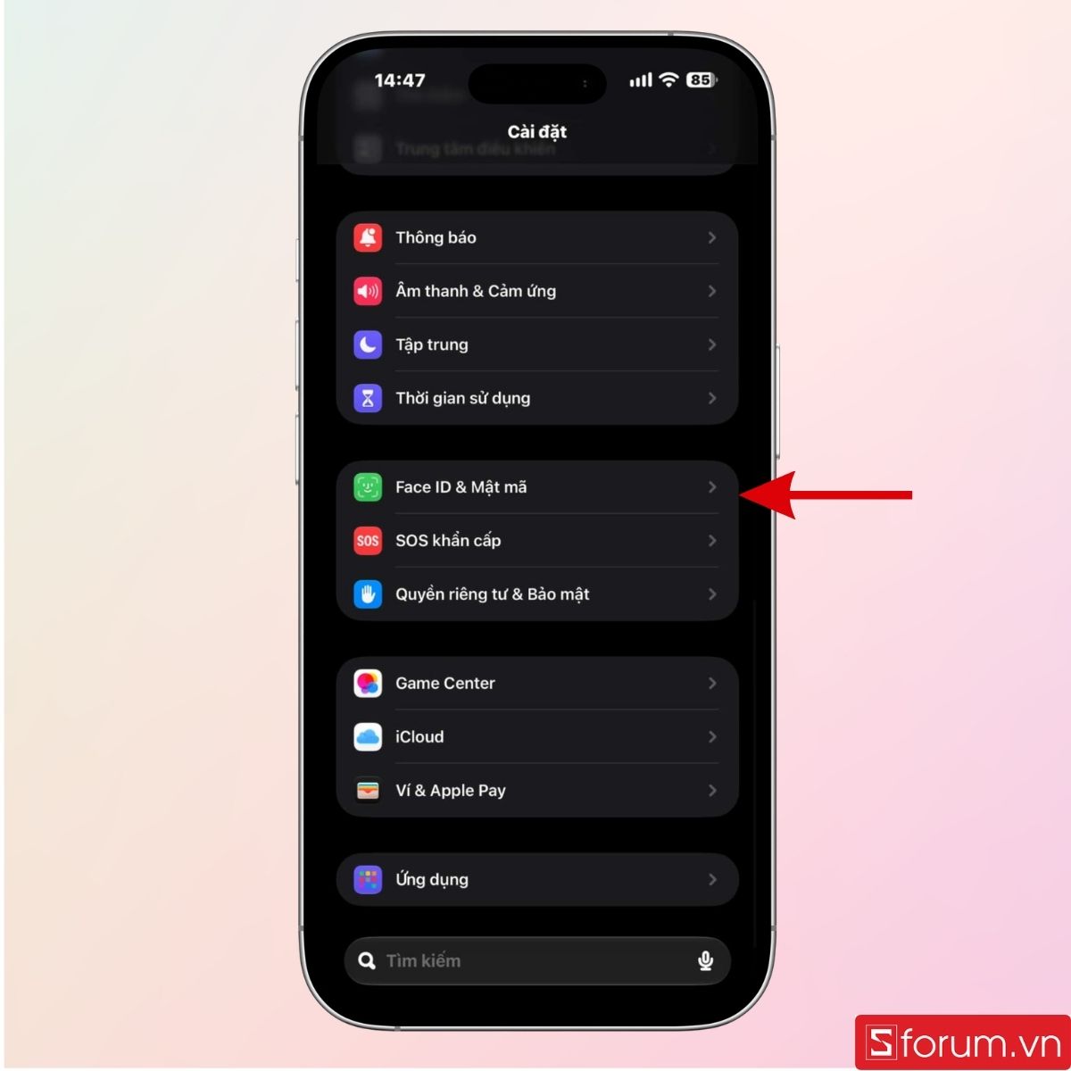 Chọn mục Face ID & Mật mã