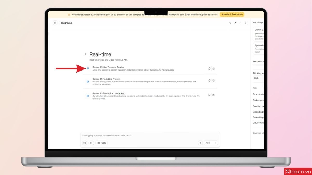 Nhấn chọn Gemini 3.5 Live Translate Preview