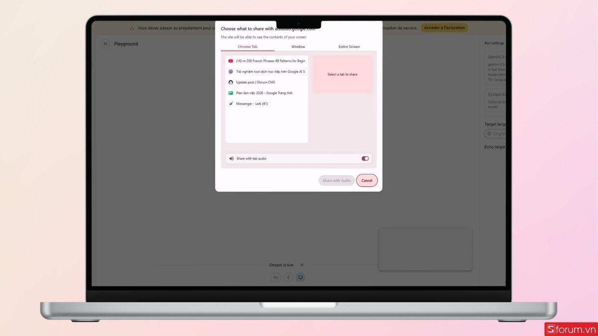 Google AI Studio sẽ mở cửa sổ yêu cầu bạn chọn tùy chọn dịch trực tiếp
