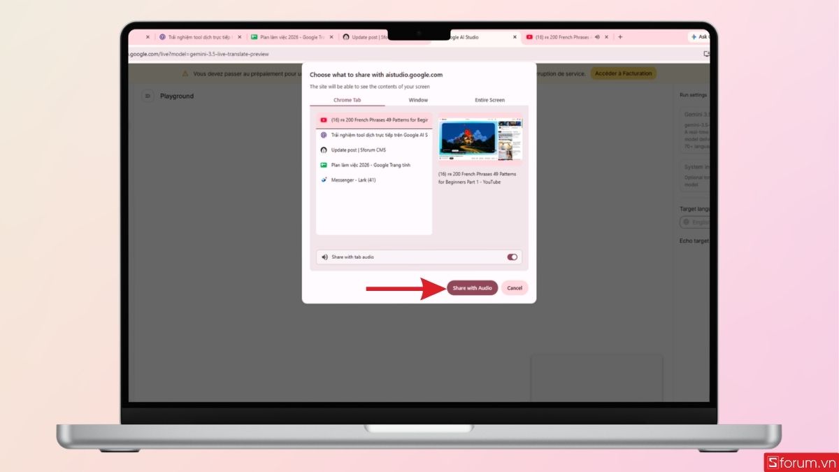 Chọn tab cần dịch trực tiếp và nhấn Share