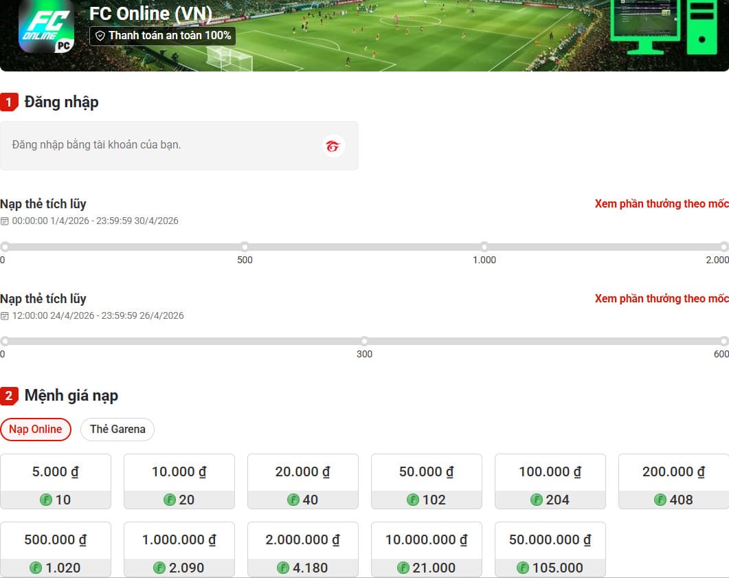 Nạp ngay FC để tích lũy thưởng