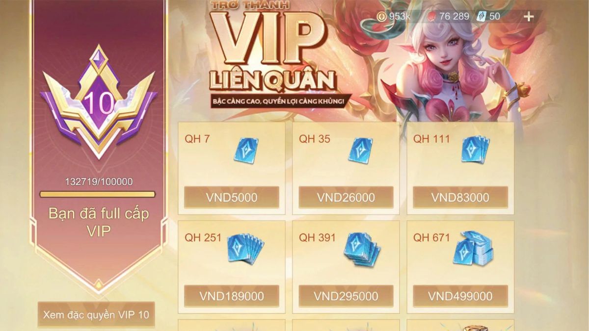 VIP 10 Liên Quân bao nhiêu tiền và phần thưởng cấp VIP cao nhất