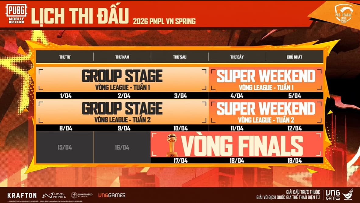 Lịch thi đấu PMPL VN Spring 2026