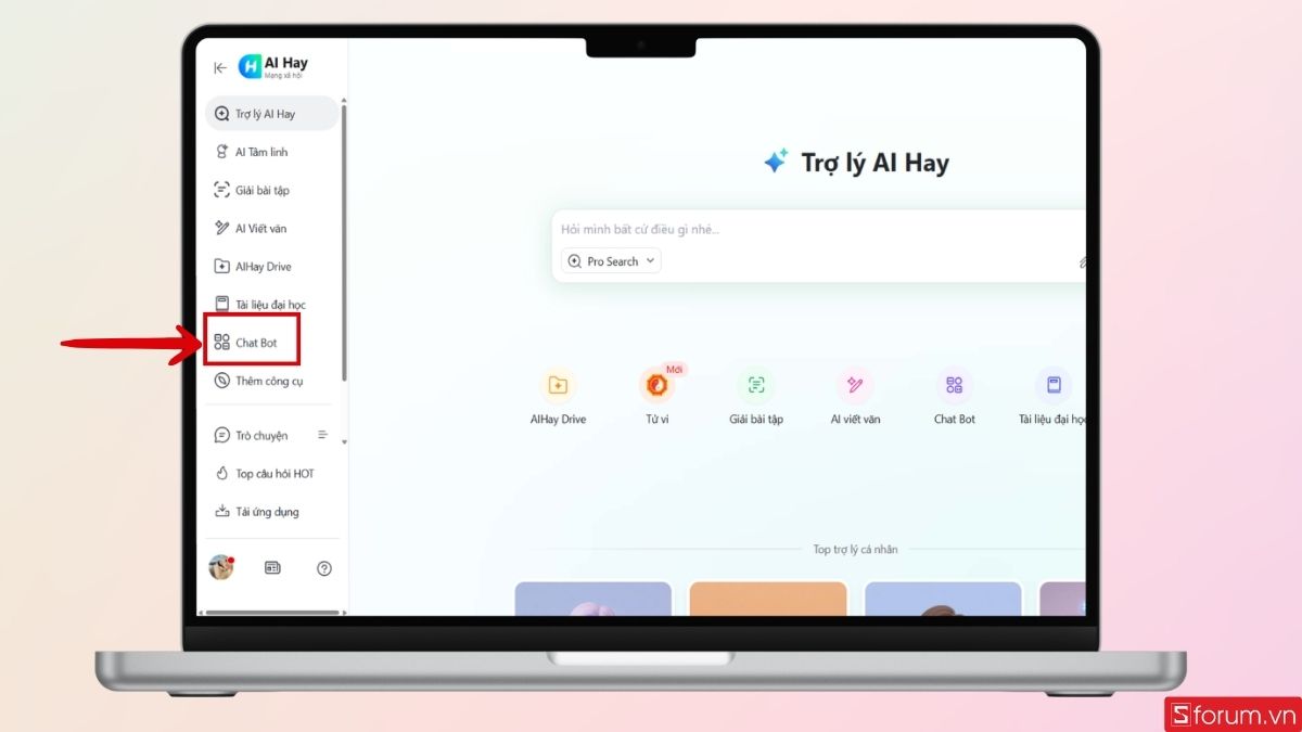 Nhấn vào mục Chatbot ở thanh công cụ
