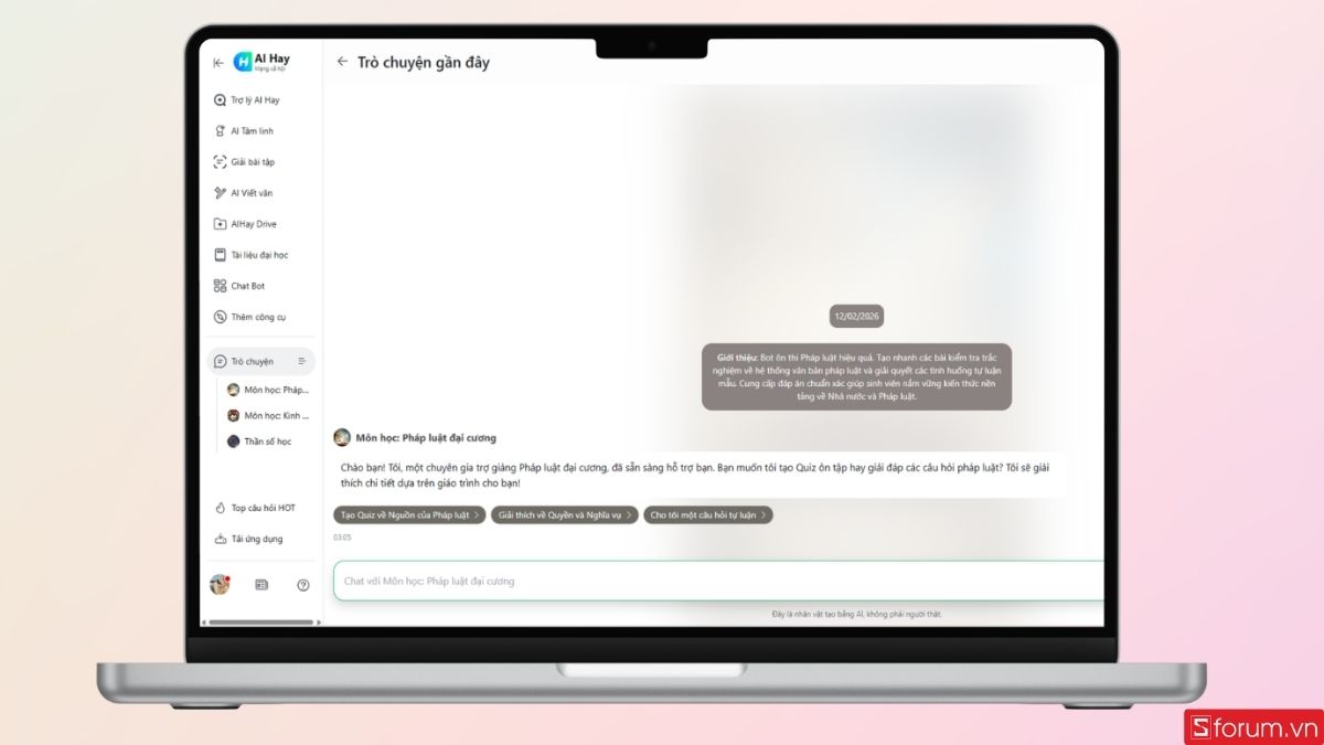 Giao diện đặt câu hỏi chatbot khi học đại cương tại AI Hay