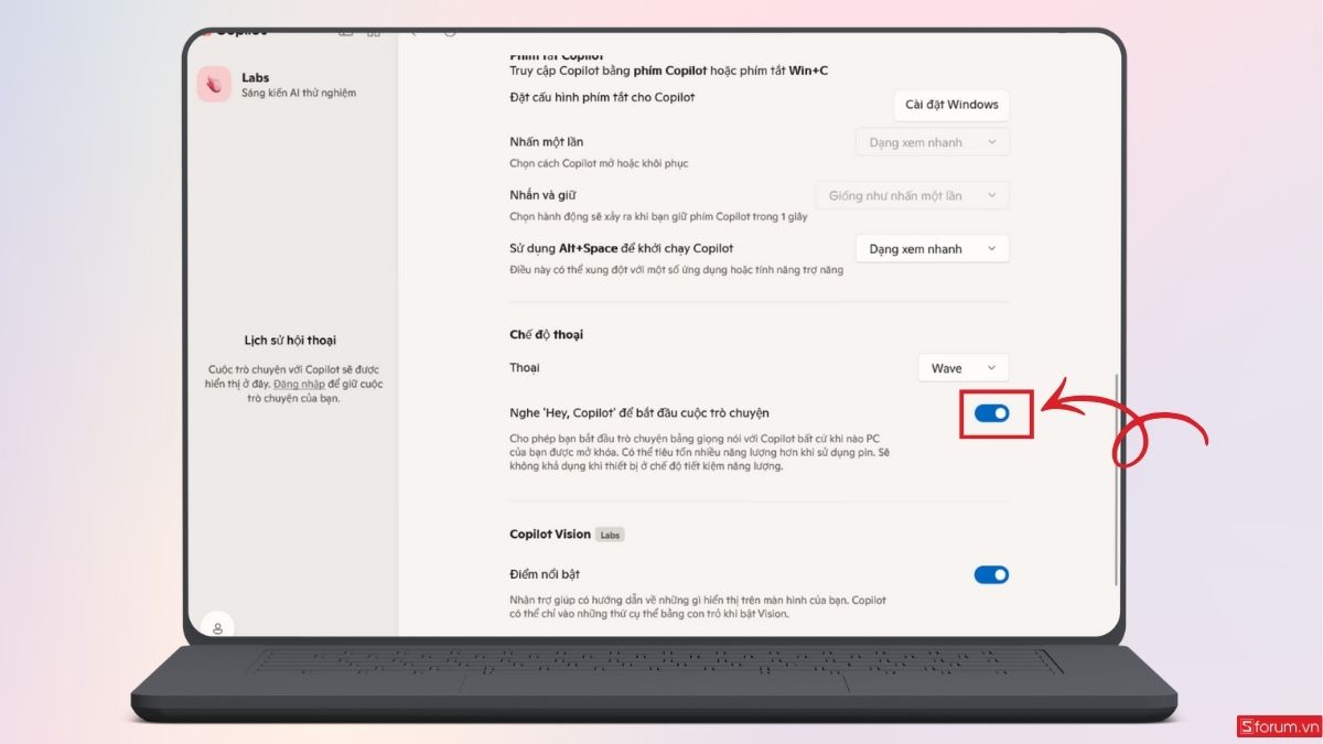 Bật công tắc tính năng nghe thoại Hey Copilot