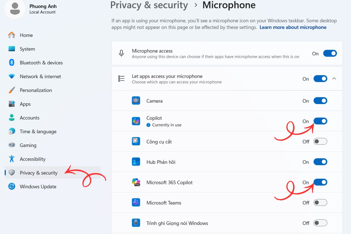 Mở quyền truy cập Micro