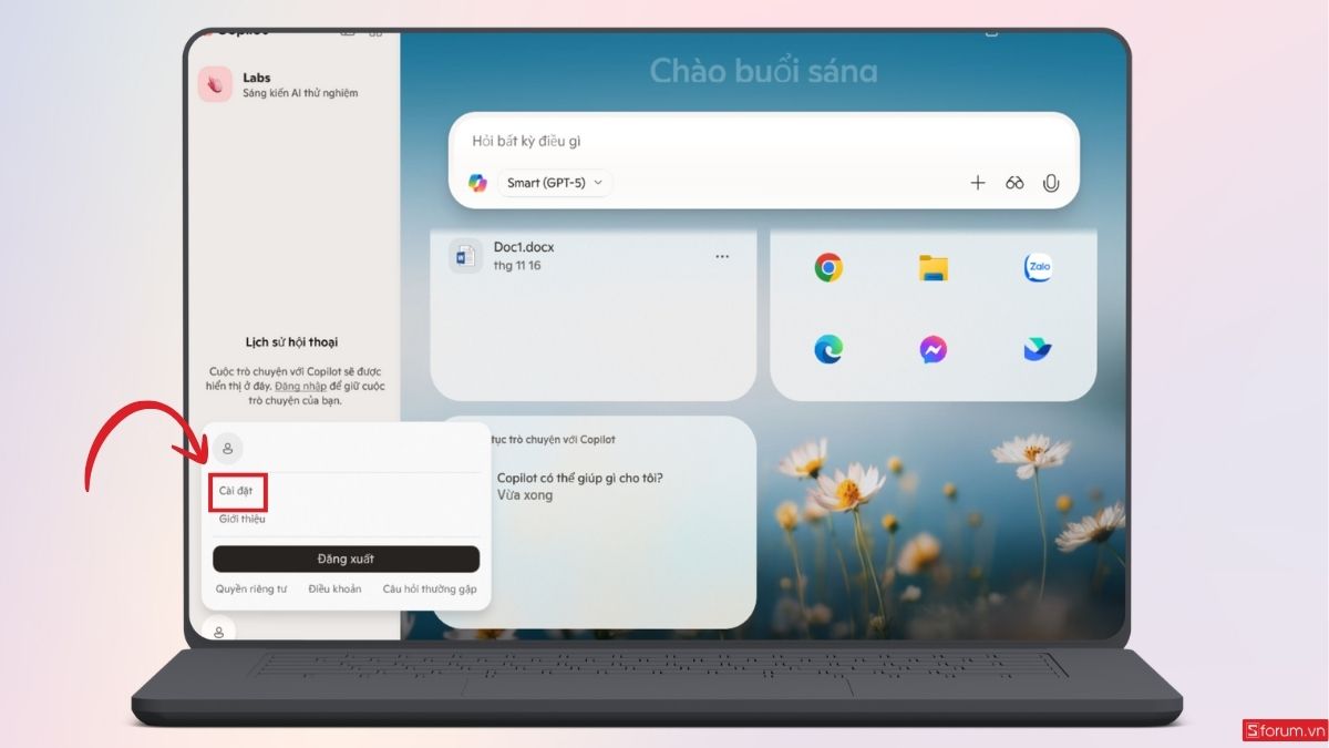 Vào mục Cài đặt trong ứng dụng Copilot