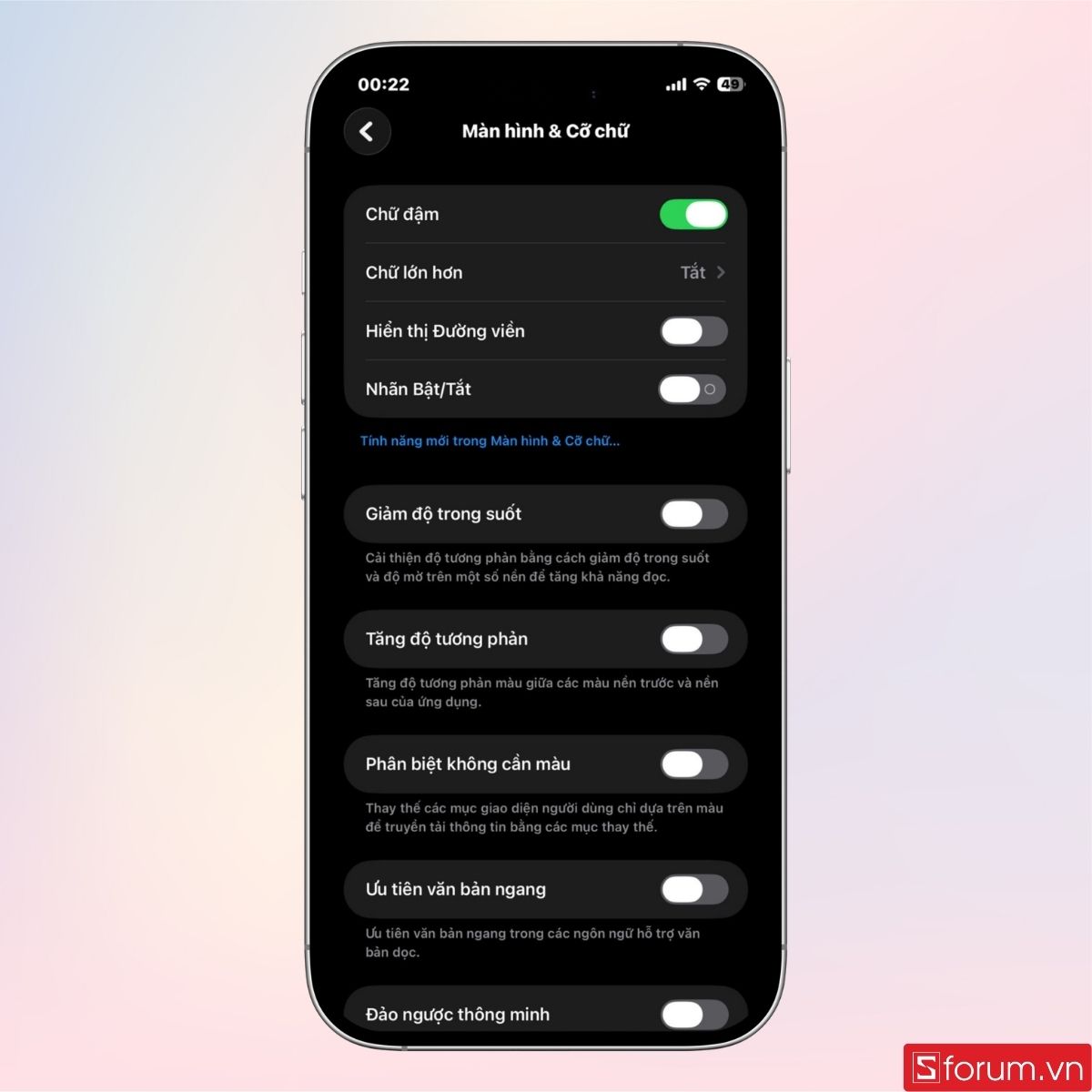 Kiểm tra các tính năng trong mục Màn hình & Cỡ chữ