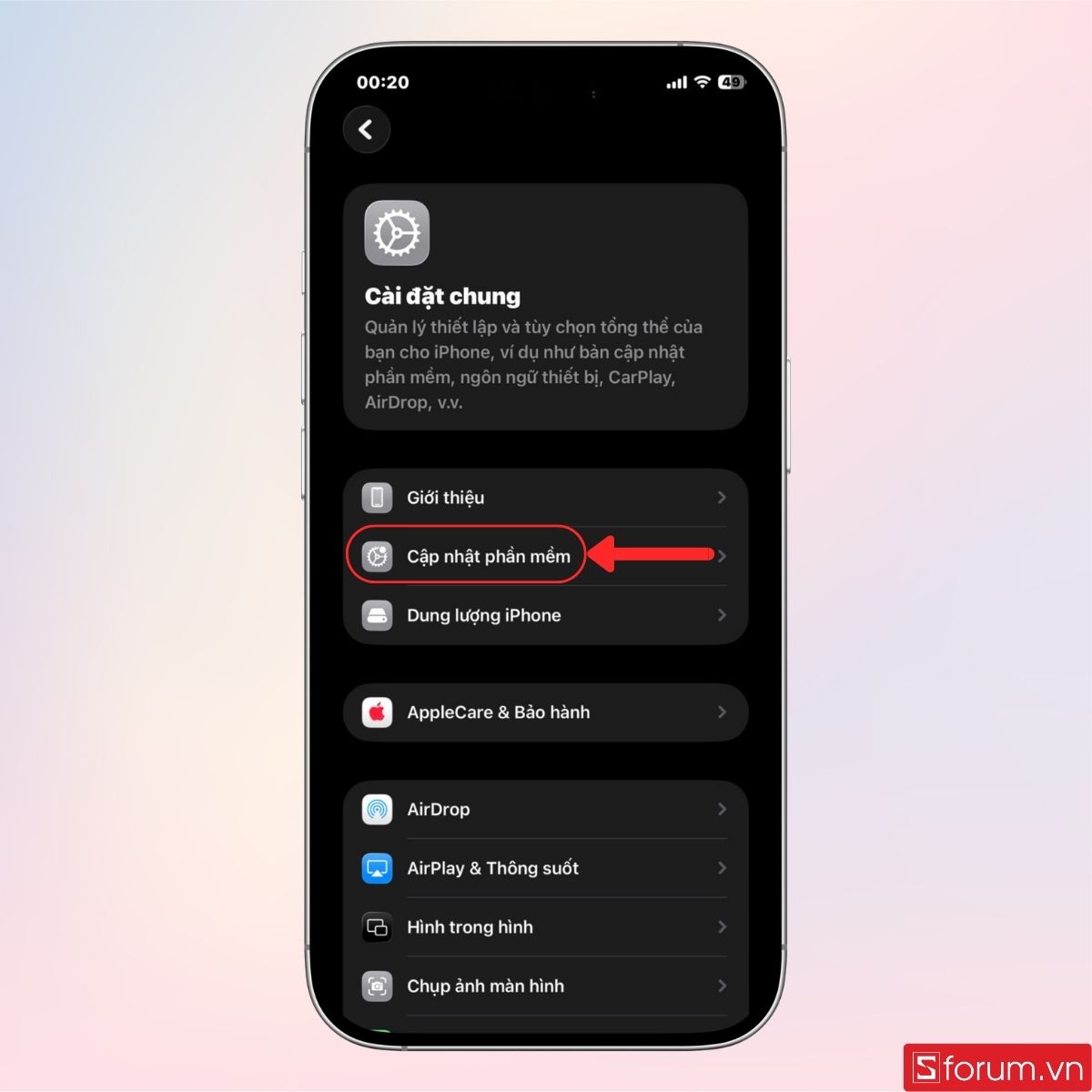 Vào mục Cập nhật phần mềm trong Cài đặt