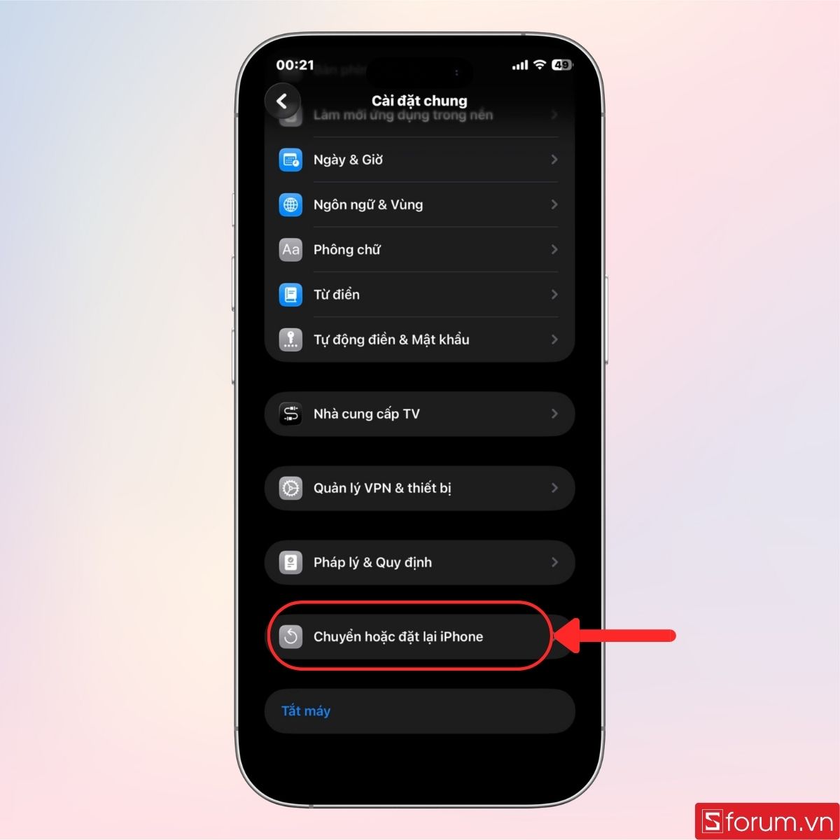 Nhấn chọn phần chuyển và đặt lại iPhone