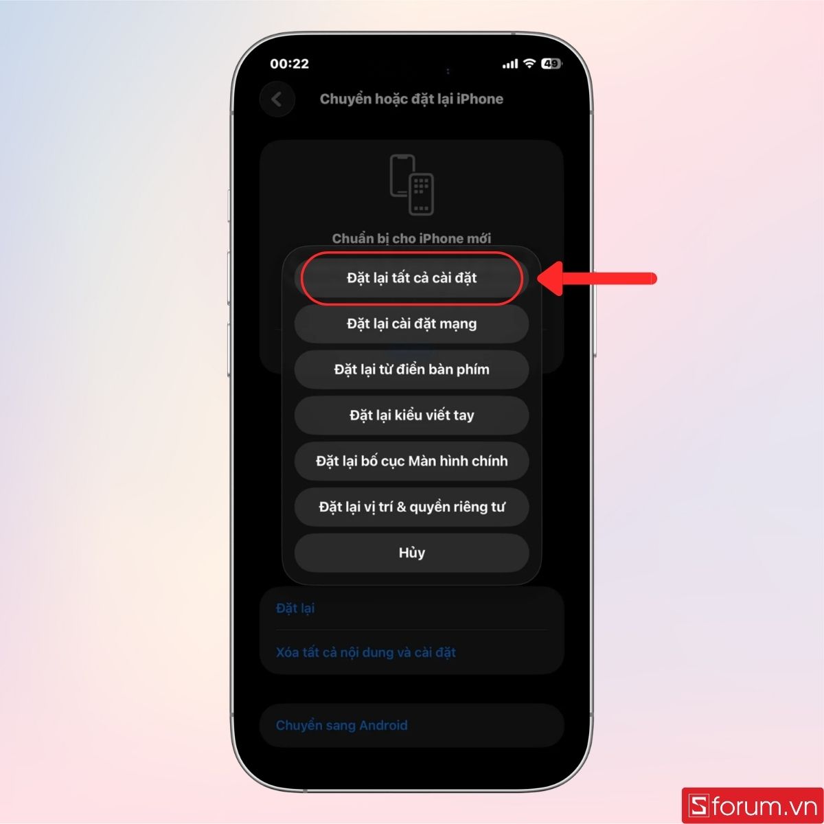 Chọn mục Đặt lại tất cả cài đặt