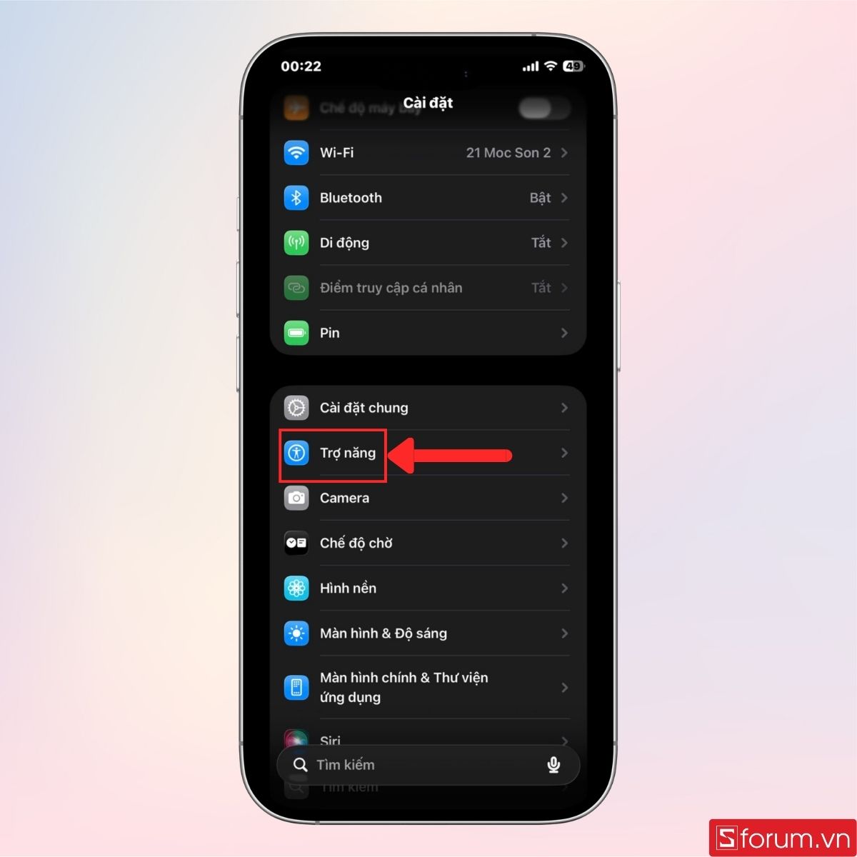 Vào mục Trợ năng trong Cài đặt