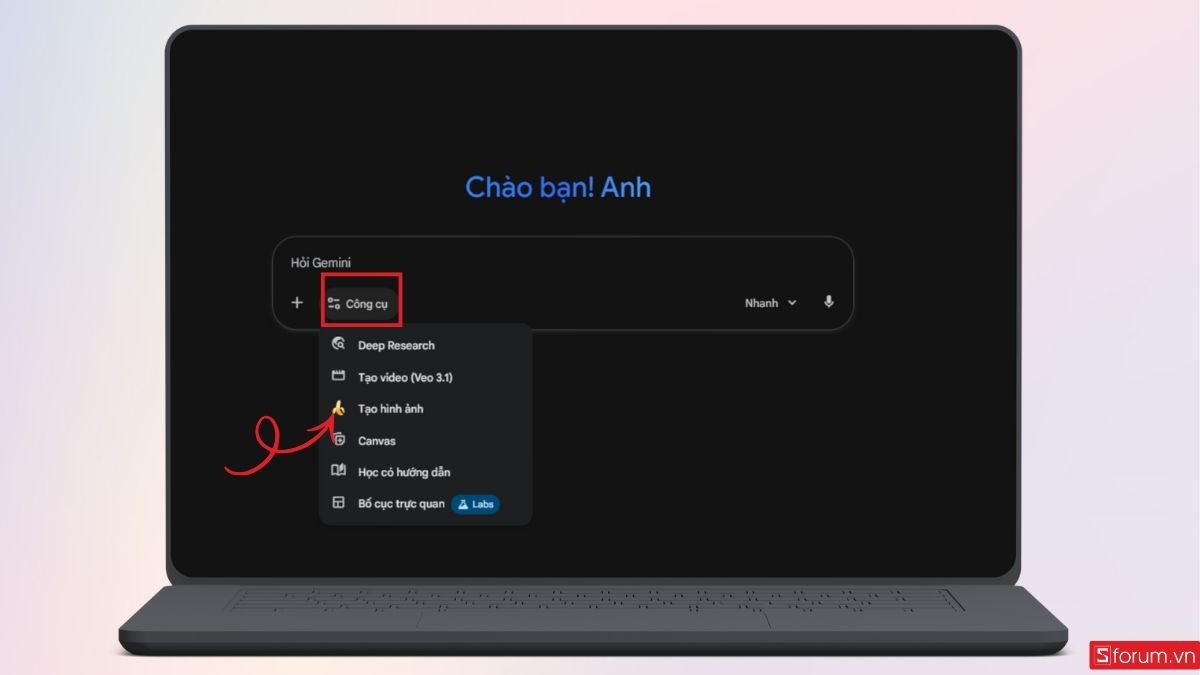 Chuyển sang chế độ tạo hình ảnh trên Gemini Nano Banana Pro