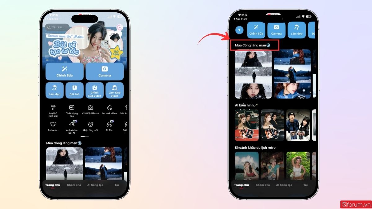 Tìm phần Mùa đông lãng mạn trên giao diện Meitu
