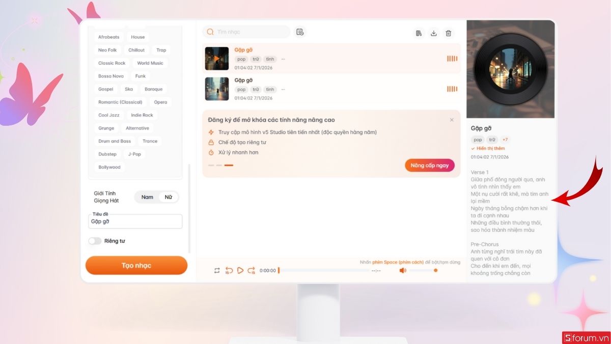 Lời bài hát sẽ được hiển thị như hình
