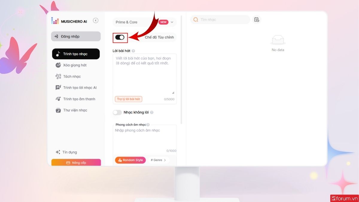 Bật chế độ tùy chỉnh của công cụ tạo nhạc Mmusichero AI