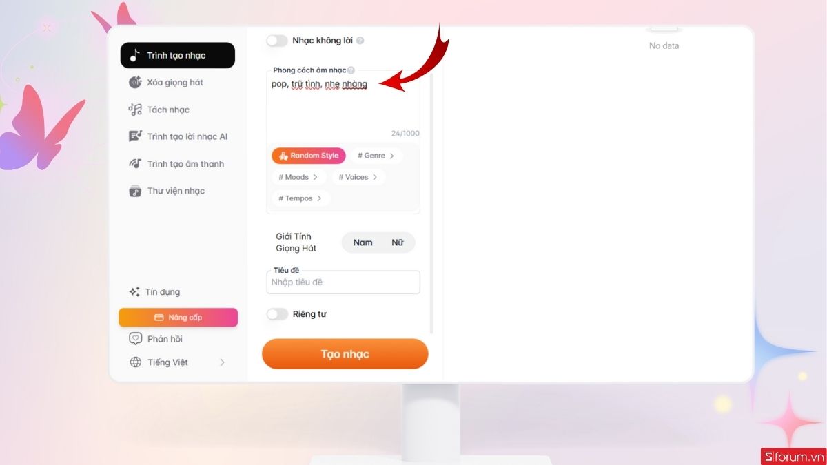 Nhập các phong cách âm nhạc bạn muốn hướng tới