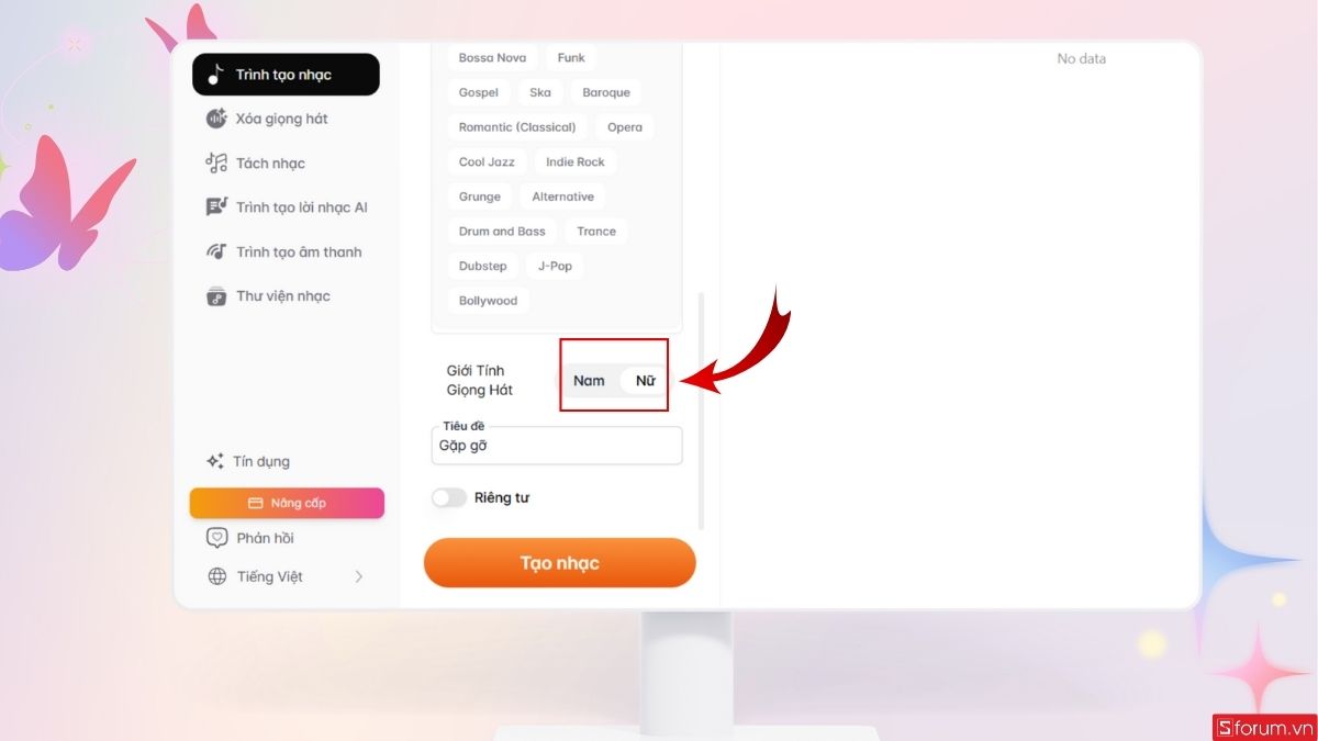 Chọn giới tính giọng hát bạn muốn tạo nhạc