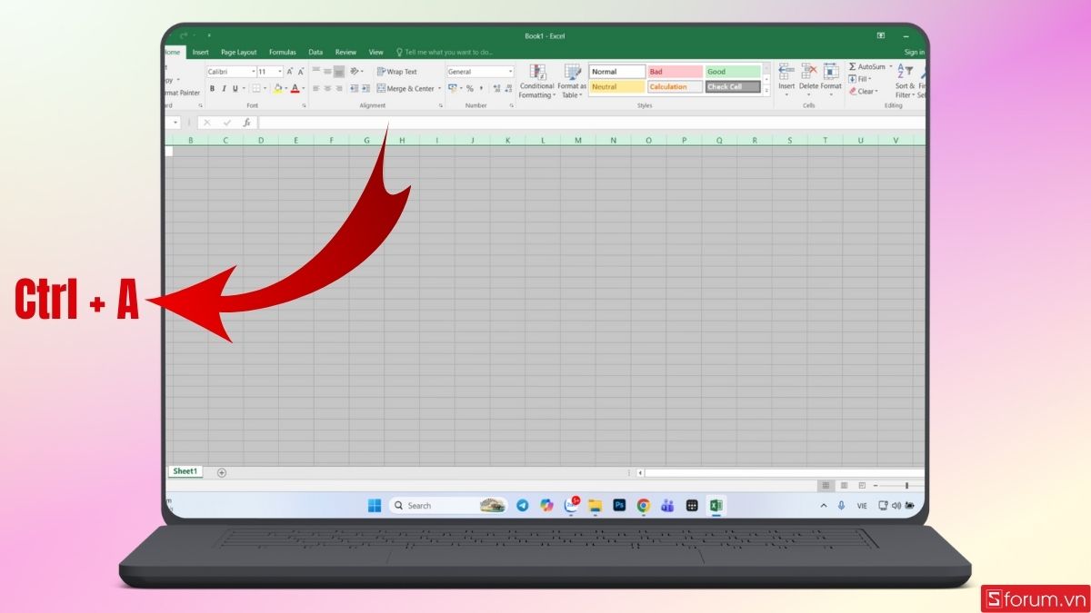 Nhấn combo Ctrl + A để chọn toàn bộ bảng tính