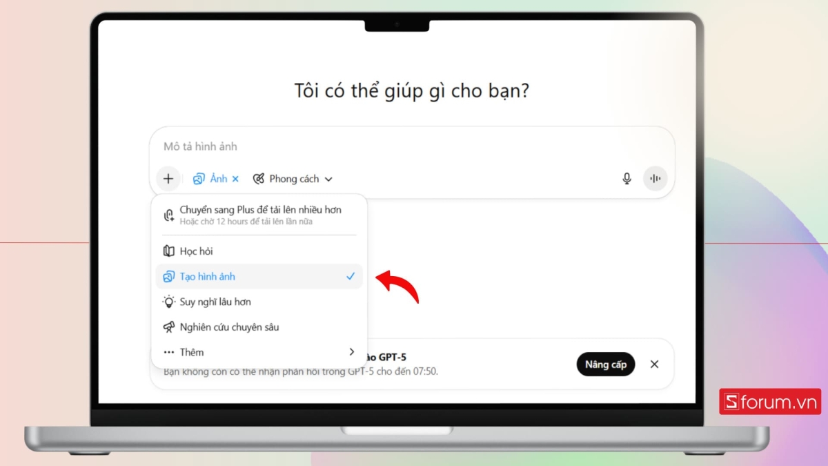 Vào ChatGPT và chọn tạo hình ảnh