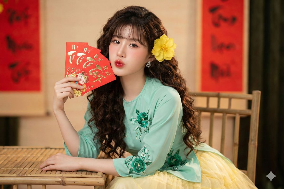 Ảnh tết cầm bao lì xì đỏ