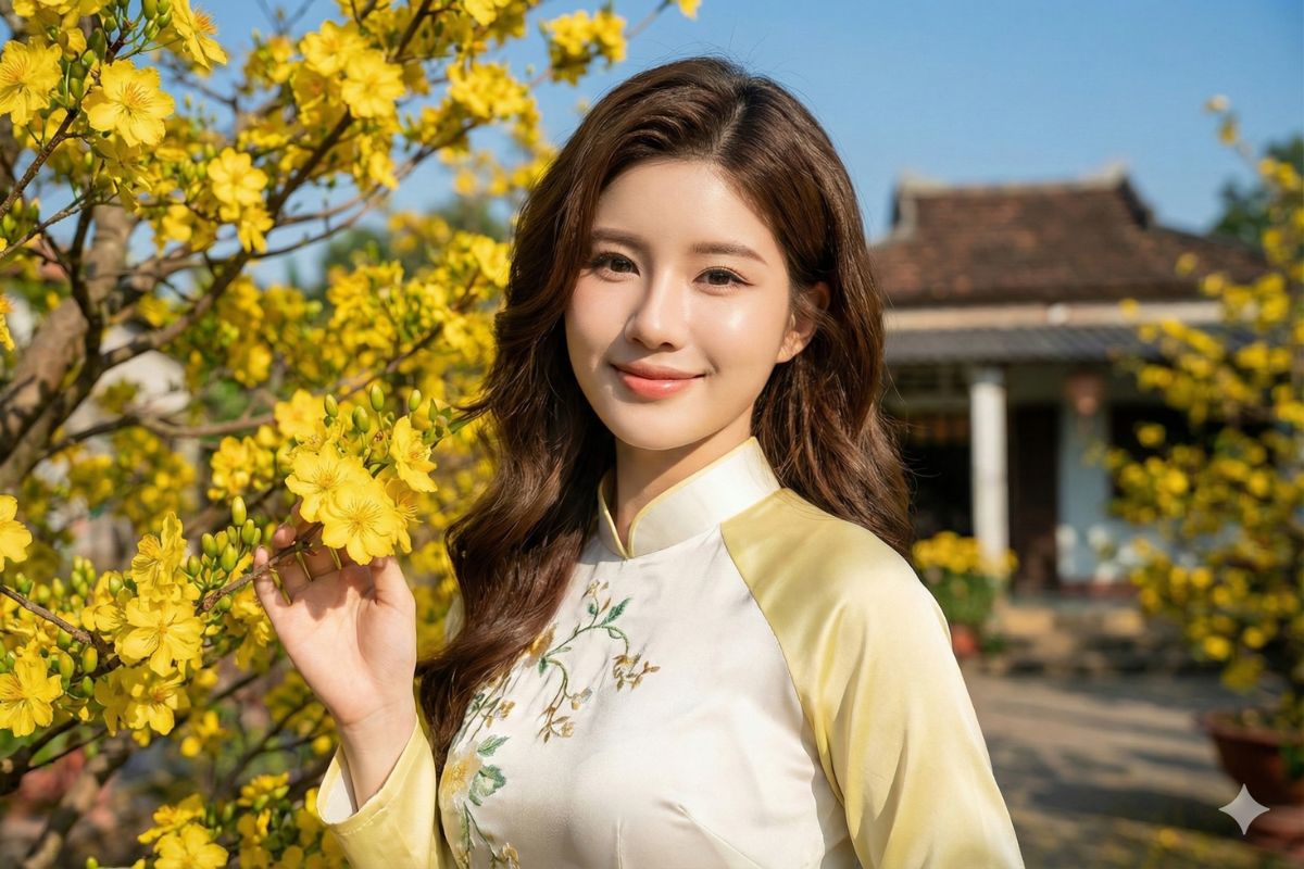 Ảnh tết áo dài bên hoa mai