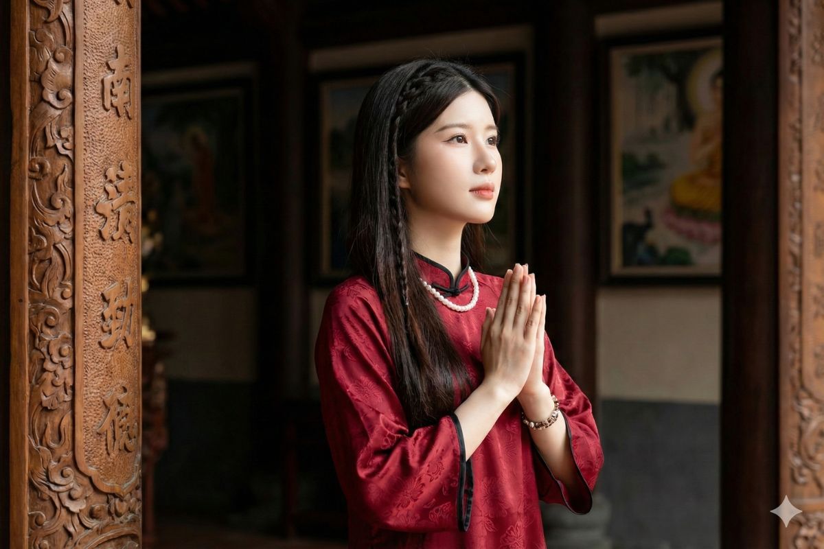 Ảnh áo dài đỏ đi cầu bình an