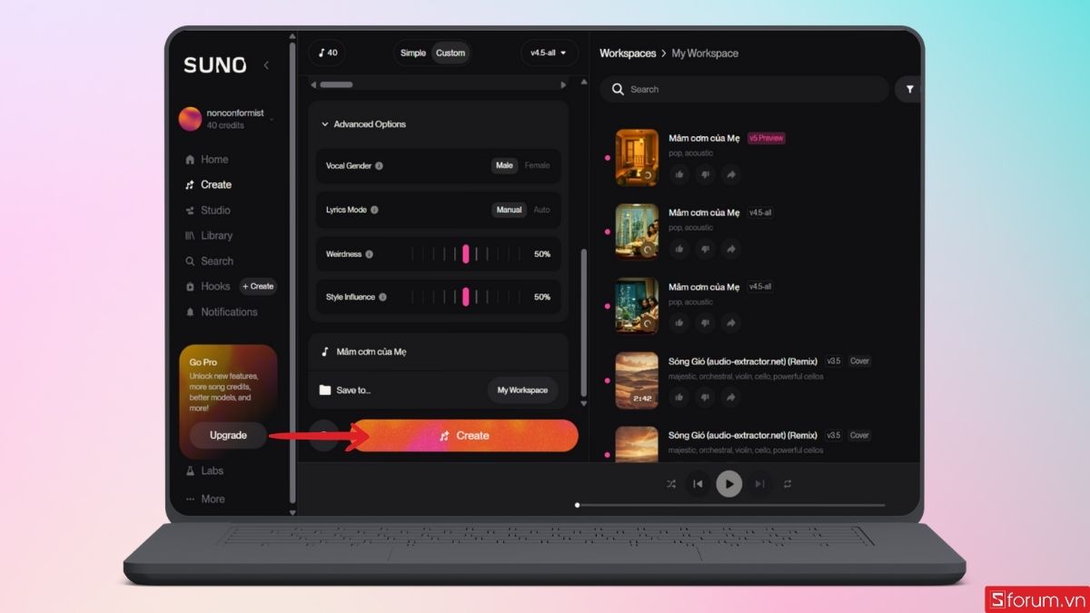 Nhấn vào Create để bắt đầu tạo bài hát
