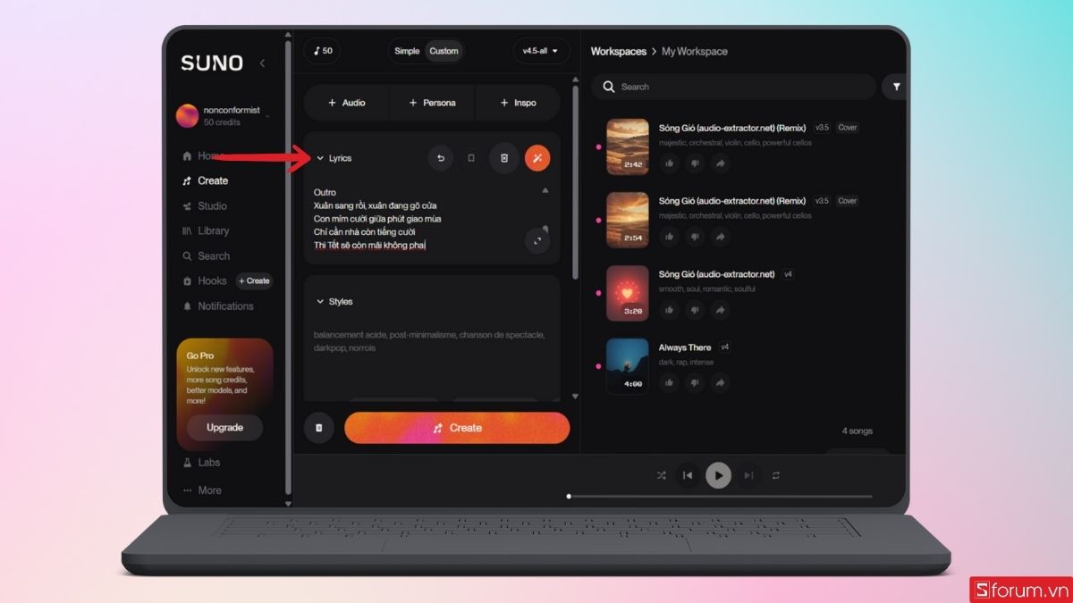 Nhập lời bài hát vào phần Lyrics