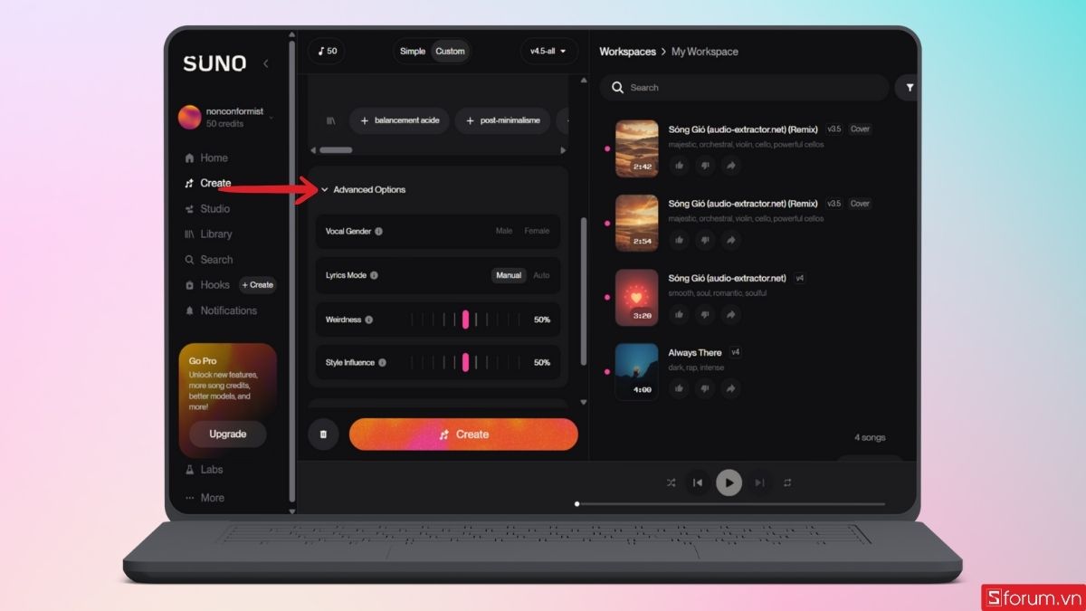 Điều chỉnh các chi tiết khác khi bắt đầu tạo bài hát