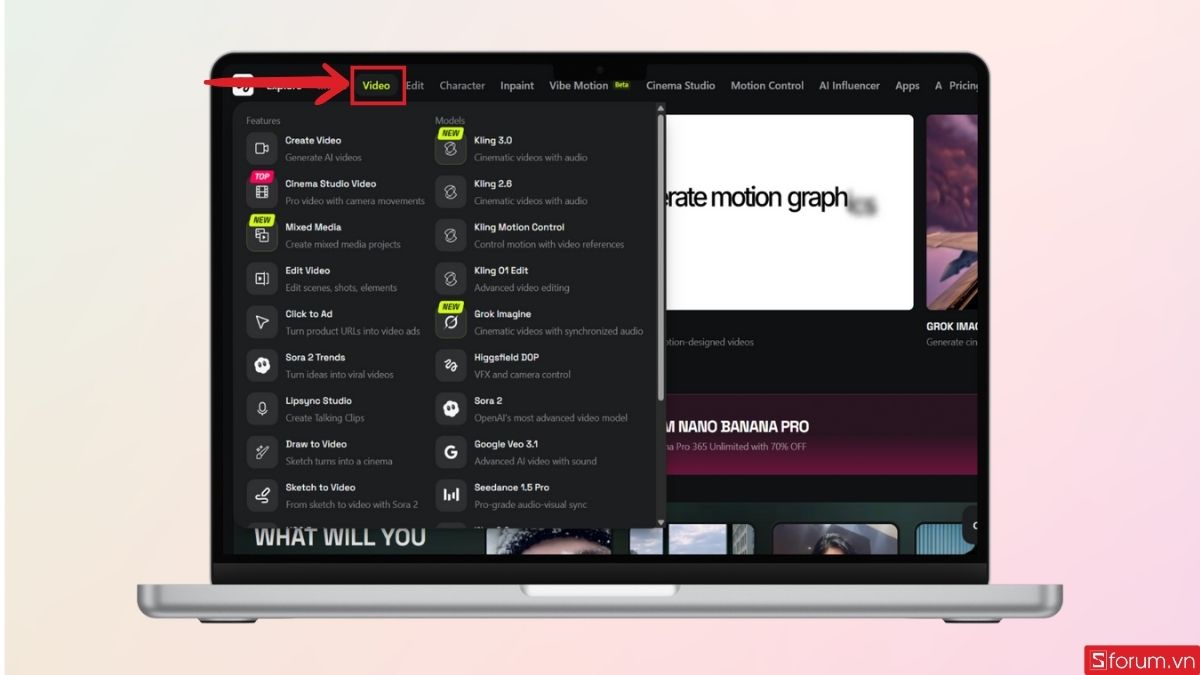 Nhấn vào mục Video