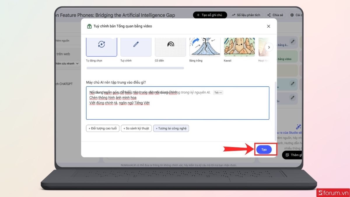 Nhấn vào Tạo để bắt đầu