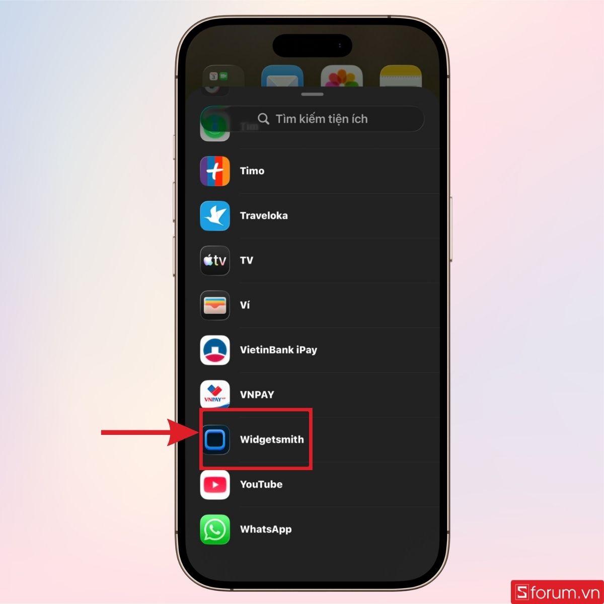 Lướt xuống dưới để chọn ứng dụng Widgetsmith 