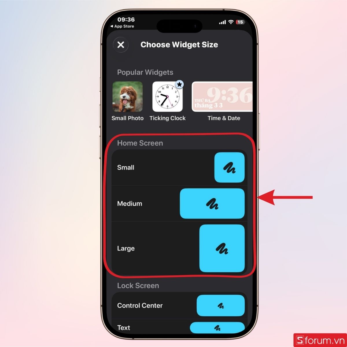 Chọn kích thước widget bạn muốn tạo